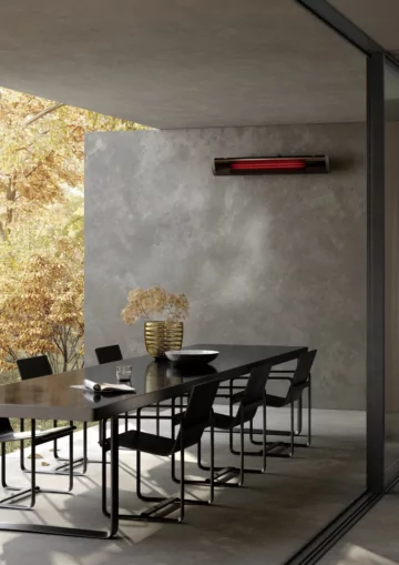 Heatscope Heaters Pure 3000W Radiant Heater wall-mounted on a private residence patio, outdoor electric infrared warmth.