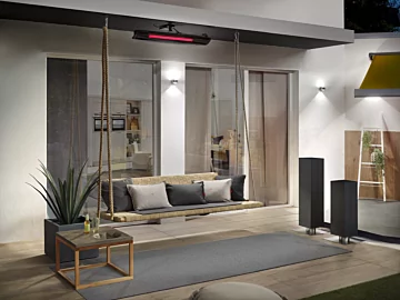 Heatscope Pure 3000W Radiant Heater ceiling-mounts above a cushioned private terrace, delivering silent infrared patio warmth.